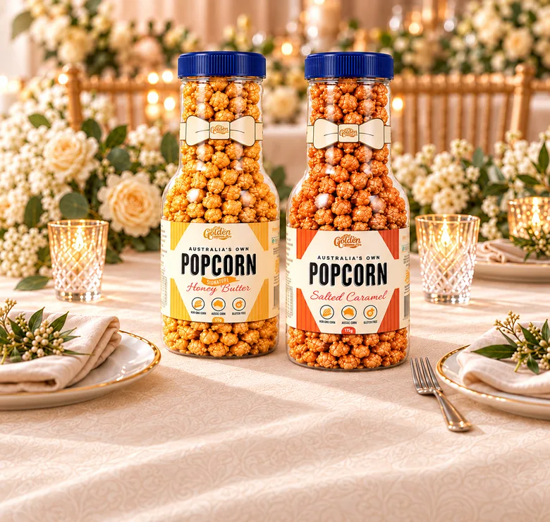 Golden Kernel Co Honey Butter and Salted Caramel gift bottles on a dressed celebration table