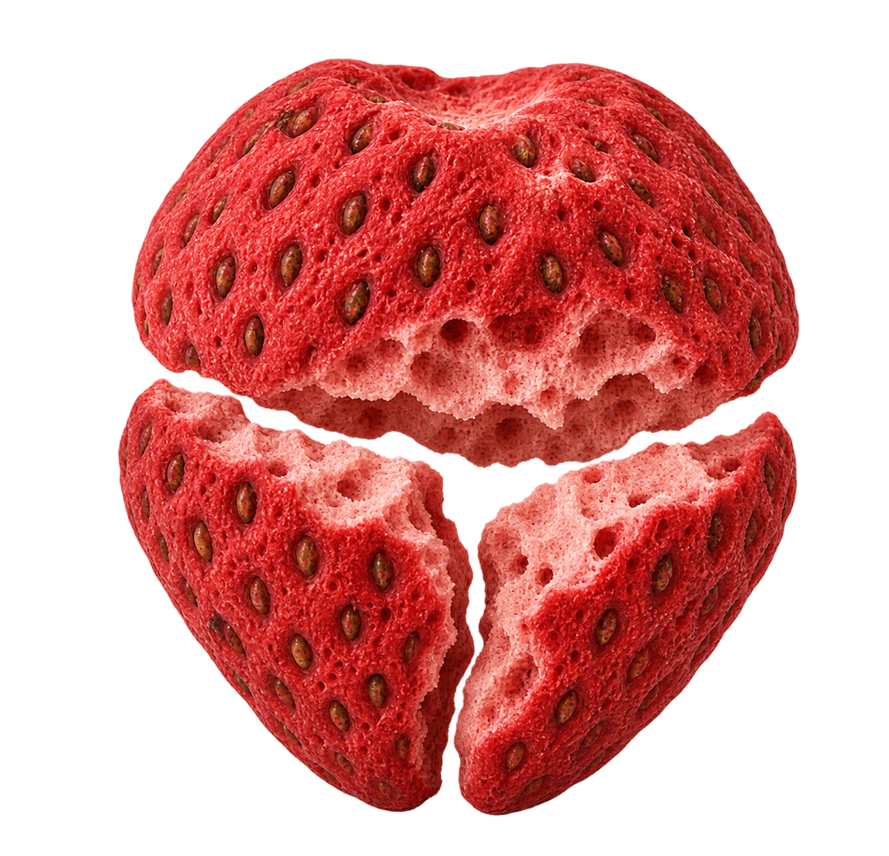 The dried strawberry snapped into crisp pieces