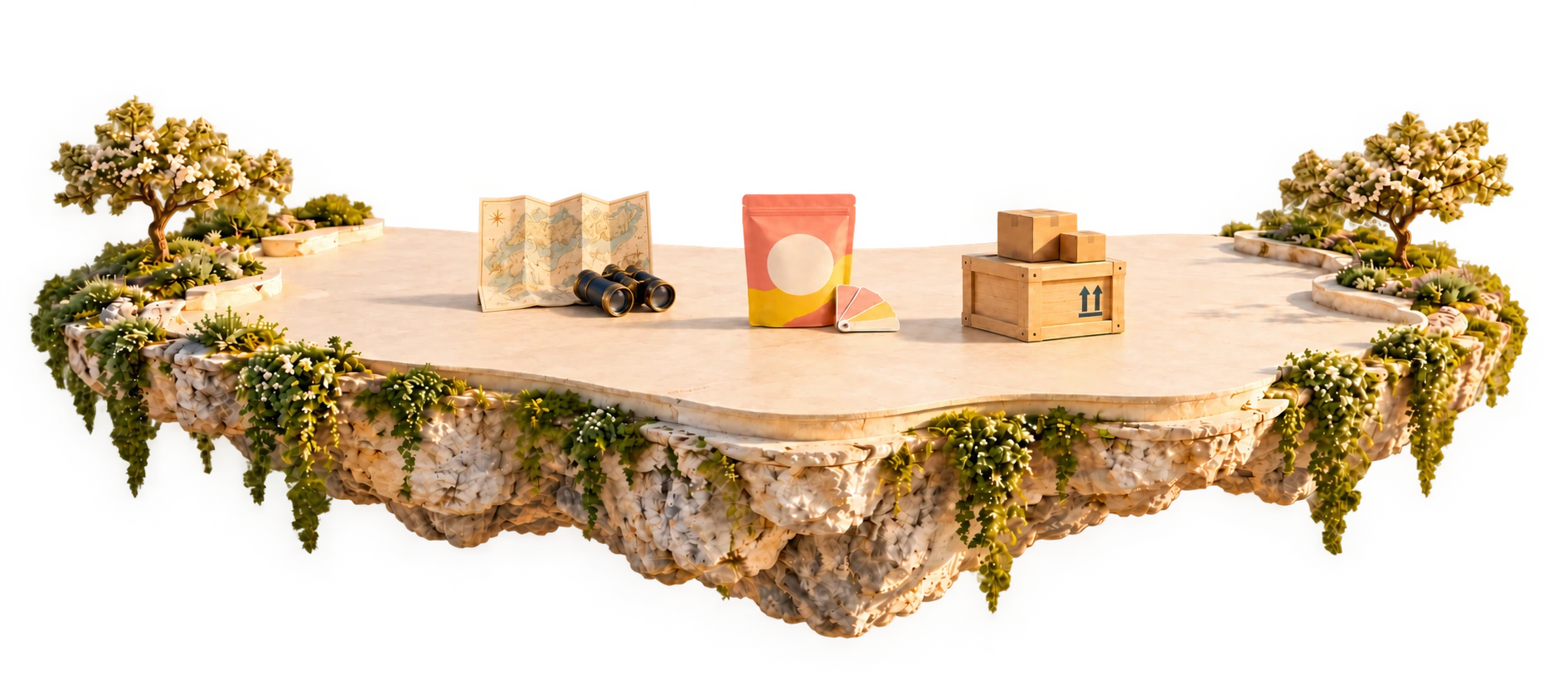 A floating garden island with a map and binoculars, colourful packaging and a shipping crate.